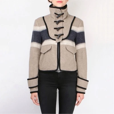 Veronica Beard Ella Blanket Jacket Striped Wool Blend Zip Toggle XS Neutral  - Image 1 of 4