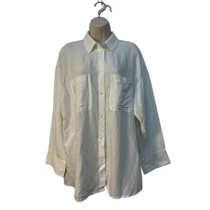 Blusa blanca con botones de mezcla de lino dos bolsillos delanteros en el pecho talla mediana - Imagen 1 de 9