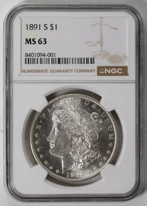 1891 S Morgan Silver Dollar. Graded By NGC MS 63 - Picture 1 of 4