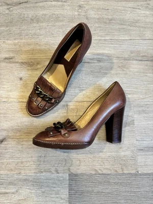 Mocasines MICHAEL KORS Italia JANE Camel Mujer Talla 6.5 Cuero Tacón Bloque $398 Kilt Foto 1 de 3