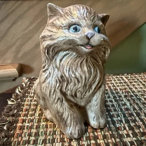 Vintage Brown Persian Cat Blue Eyes Glazed Hand Painted 6.75” Cat Lady Collector - Picture 1 of 12