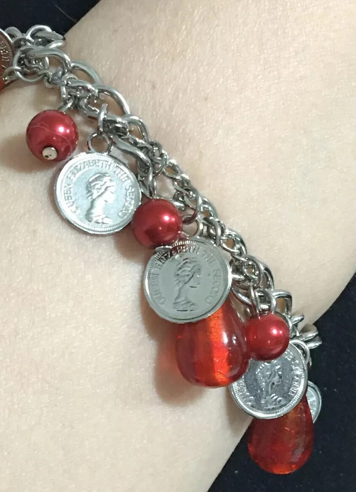 "Brazalete de monedas de acero inoxidable genuino perlas rojas y cuentas de trabajo de lámpara de vidrio de 8"" de largo" Foto 1 de 4