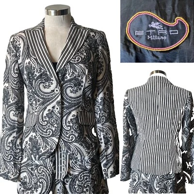 ETRO Milano Black/Ivory Linen Paisley + Stripe SB Jacket 42IT/10AUST-UK/6US - Image 1 of 4