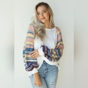 Free People We The Free Rainbow Dreams Thermal Puff Sleeve Sweater Size M