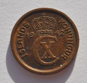 1942 Iceland 1 Cent Eyrir Copper Coin High Grade WWII Issue - Picture 1 of 2