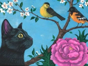 1,5x2 PUPPENHAUS MINIATURDRUCK GEMÄLDE RYTA MASSSTAB 1:12 FRÜHLING SCHWARZE KATZE KUNST - Bild 1 von 1