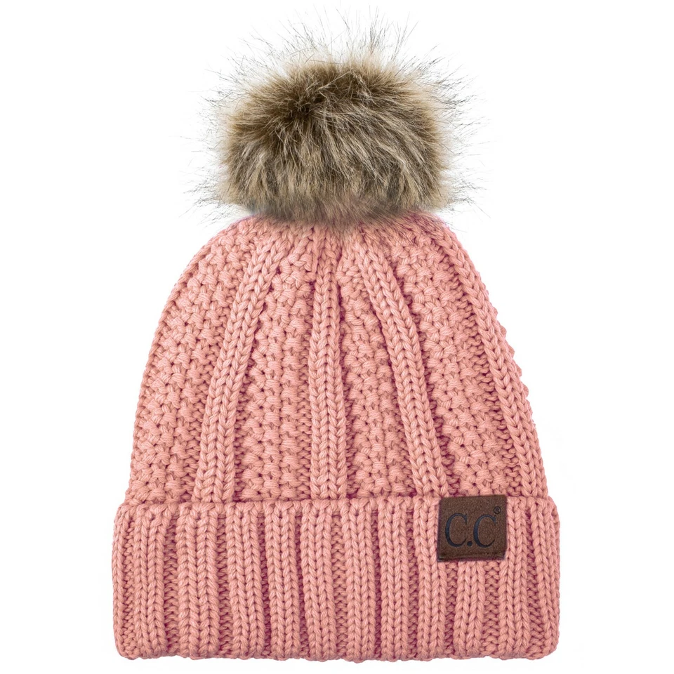 C.C YJ820 - Thick Cable Knit Hat Faux Fur Pom Pom Fleece Lined Cuffed Beanie - Image 1 of 1