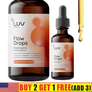 LUV Health Flow Drops - miscela di funghi adattogeni - sapore di anguria pesca - 1 oz - Foto 1 di 6