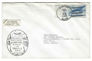 US FRANCE 1946 FIRST FLIGHT ON TWA BOSTON TO PARIS FRANKED 30 CENT AIRMAIL - Picture 1 of 2