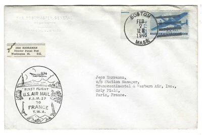 US FRANCE 1946 FIRST FLIGHT ON TWA BOSTON TO PARIS FRANKED 30 CENT AIRMAIL - Image 1 of 2
