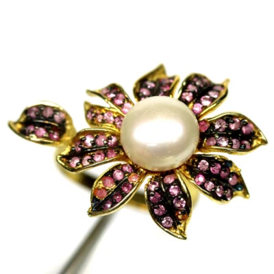 925 Sterling Silber 9 Mm. Weiße Perle & Rosa Saphir Schmuckring Größe 6,75 - Bild 1 von 4