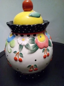 Vintage Mary Engelbreit Oh So Breit Canister Cookie Jar Yellow Lid 2000 Cherries - Picture 1 of 5