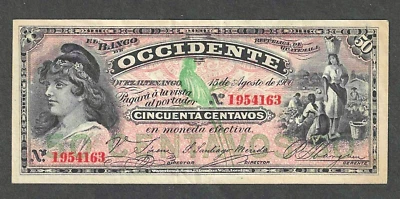 1900 GUATEMALA 50 CENTAVOS BANCO de OCCIDENTE ~ PS-172 ~ RARO GRAU MUITO BOM - Imagem 1 de 2