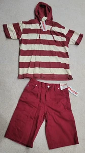 Vintage Jordache 2 Piece Set Red Hooded Stripe Shirt & Shorts Kids Size M 10-12 - Picture 1 of 12