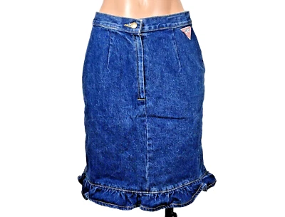 VINTAGE 80s GEORGES MARCIANO GUESS DENIM SKIRT 29 Ruffle Hem Pencil USA MADE - Image 1 of 4