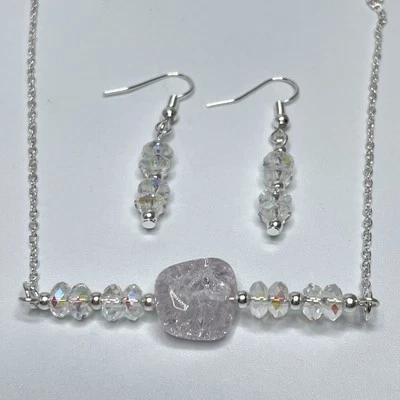Artisan White Crackle Quartz AB Glass Beaded Bar Silver Plated Necklace Earrings - Image 1 of 4