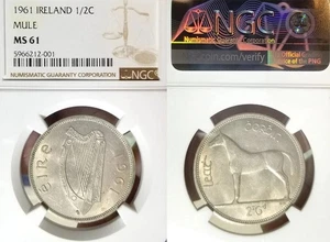 Ireland 1961 Mule Half Crown, Rare High, NGC 61 PQ, Luster/Sharp Top Population - Picture 1 of 1