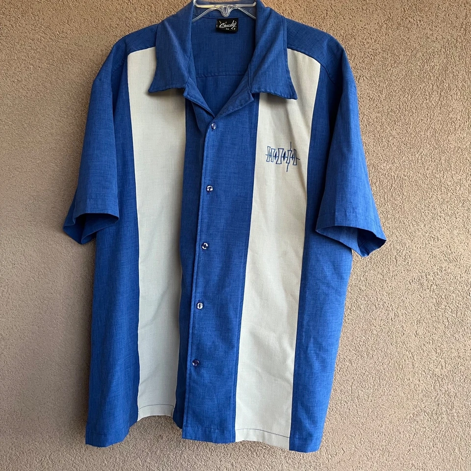 Steady Shirt Mens 2X 2XL Blue White Tiki Retro Bowling Camp Button Up USA - Image 1 of 4