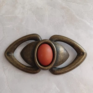 Vintage Modernist Art Deco Geometric Brass Chunky Brooch Faux Coral Cabochon - Picture 1 of 3
