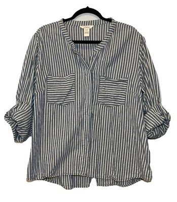 Top Sundance Azul Blanco Rayas Abotonadas XL Algodón Manga Lengüeta Informal Costero Foto 1 de 4