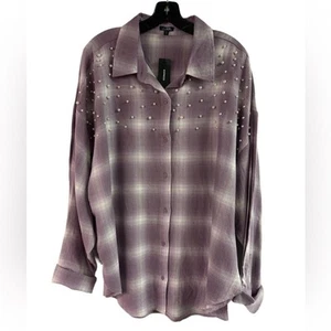 Neu mit Etikett Express Oversize lila kariert Knopfleiste mit Perlendetails Größe XL - Bild 1 von 5