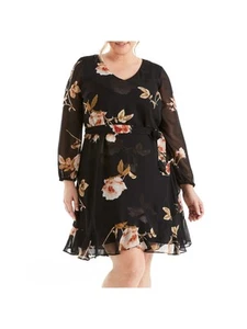 ESTELLE Womens Black Tie Long Sleeve Above The Knee Fit + Flare Dress Plus 1X - Picture 1 of 9
