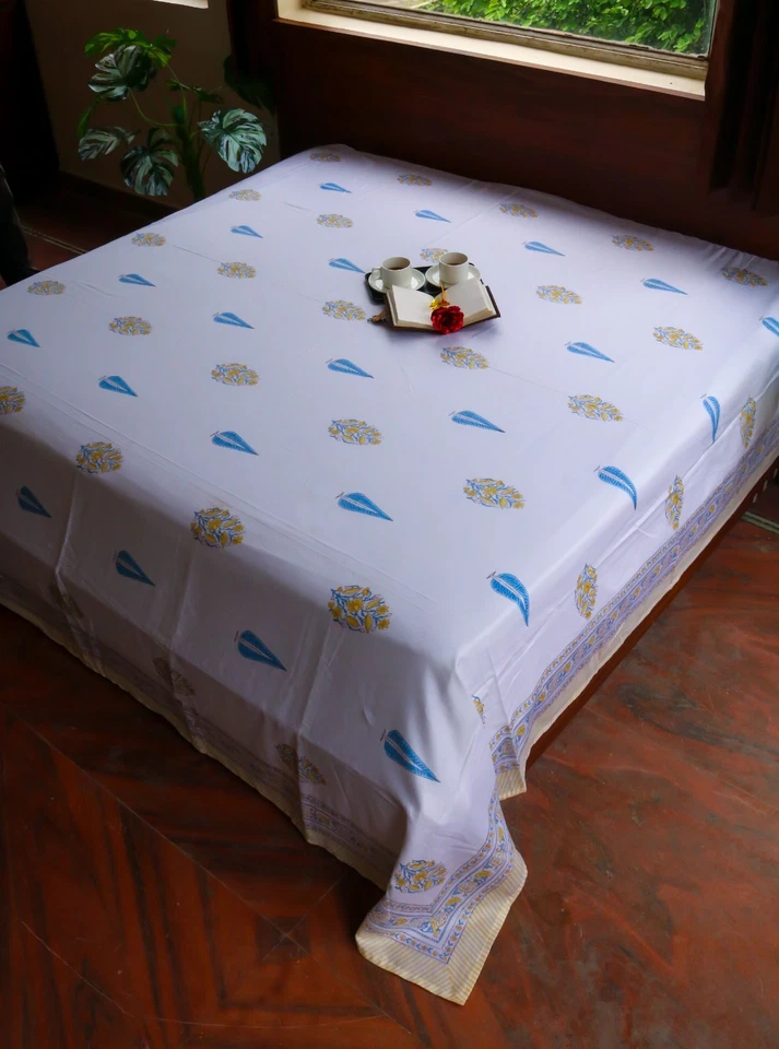 Hand Block Printed Cotton Bedsheet | White Floral Bed Sheet with Floral Border - Image 1 of 4