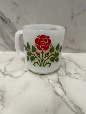 Vintage Glasbake Retro Red Rose Bud Flower Coffee Cup Mug White Milk Glass - Image 1 of 4