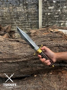 Handmade Damascus Hunting Bowie Knife With Rose Wood Handle, With Leather Sheath - Picture 1 of 7