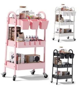 Pink 3 Tier Rolling Cart, Metal Bathroom Utility Cart on 3-Tier Fashion Pink - Picture 1 of 8