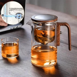 Tetera de vidrio magnético con mango de madera, separación con un solo clic, contiene filtro de té - Imagen 1 de 12