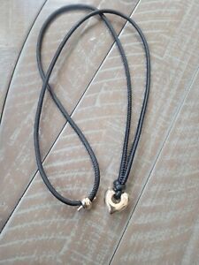 Chico's Long Gold Heart Necklace On Leather Like Cord EUC