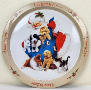 Vintage 1991 Weihnachten Sammeltablett Giordano rund Blech Santa Welpen Kätzchen - Bild 1 von 15