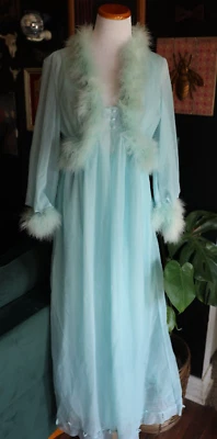 Vintage Sears Marabou Night Gown And Robe Set Lingerie Nylon Pin Up Baby Blue - Image 1 of 4