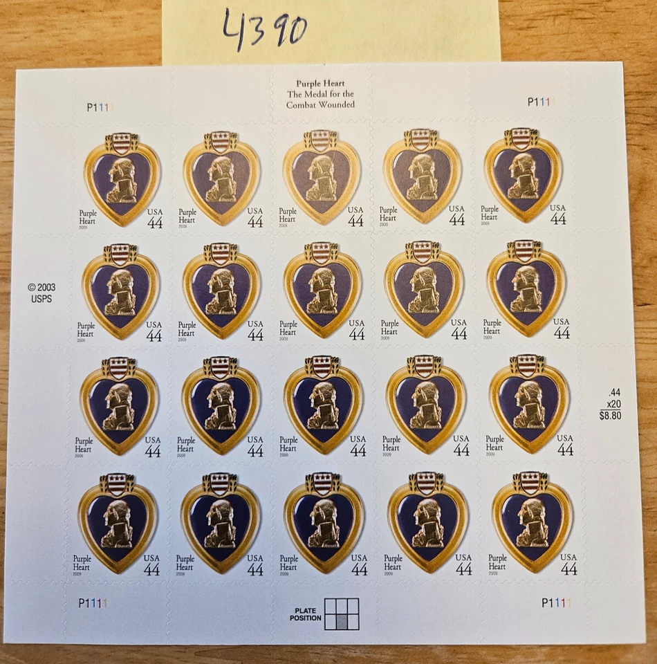 Scott 4390 Sheet of 20  44¢ Purple Heart Stamps Face Value $8.80 - Image 1 of 1