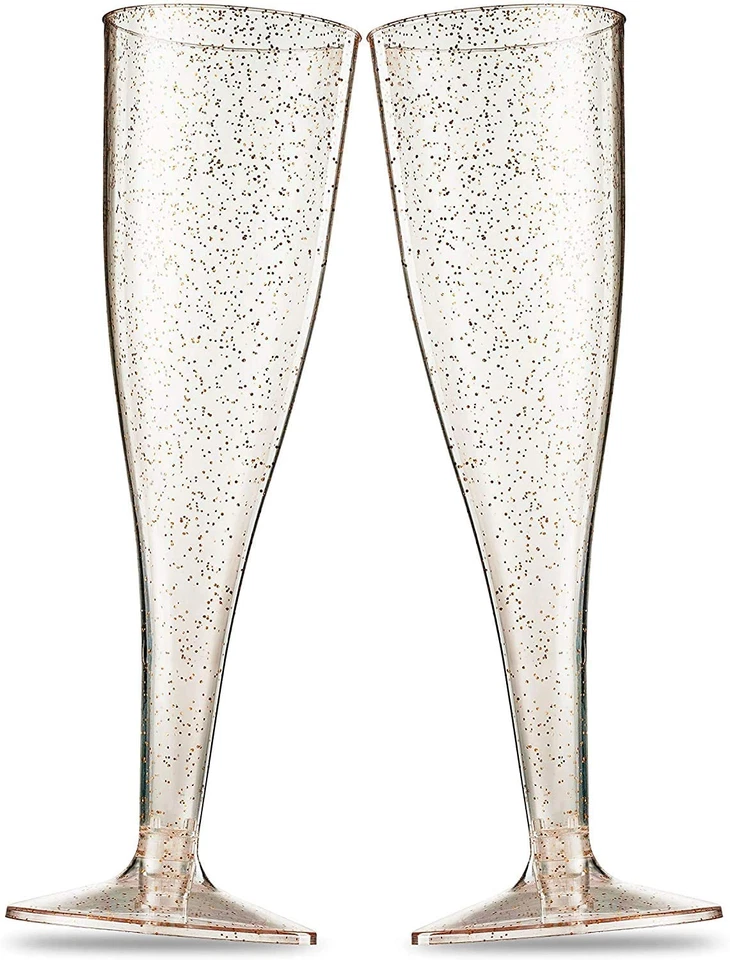 100 Pck Gold Glitter Plastic Champagne Flutes 5Oz Clear Plastic Toasting Glasses - Image 1 of 4