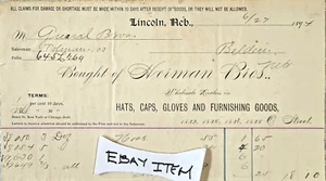 1894 BILLHEAD LINCOLN, NE. HERMAN BROTHERS HATS CAPS GLOVES - Picture 1 of 1