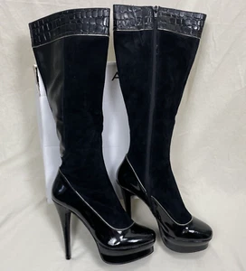 Aldo Mischo Knee High Stiletto Boots Black Suede Patent Leather Size 40 9US - Picture 1 of 8