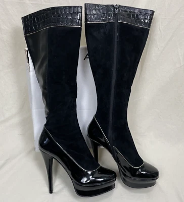 Botas de aguja Aldo Mischo hasta la rodilla negras gamuza charol talla 40 9US Foto 1 de 4