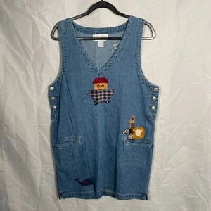 Vintage Denim Dress Women Large Cottagecore Teacher Modest Animal Embroidery - Picture 1 of 12