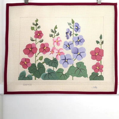 JULIE Handpainted Needlepoint Canvas Floral Pink Purple Hollyhocks Flower 7 Mesh - Image 1 of 4