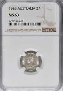 1928 M Australia 3 Pence, NGC MS 63, Brilliant and Lusterous - Picture 1 of 4