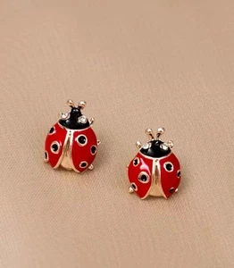 Red & Gold Ladybug Earrings With Cubic Zirconia - Ladybird Jewellery - Picture 1 of 3