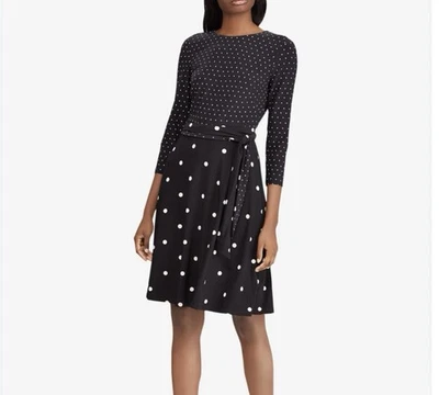 Lauren Ralph Lauren Women 14 Polka Dot Black White Long Sleeve Dress NWT Classy - Image 1 of 4