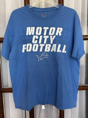 Majestic Y2K NFL Detroit Lions Mens Motor City Football Blue T-Shirt sz Large - Image 1 of 4