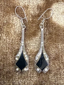 Vintage Ohrringe, Ohrhänger,  Art Deco Stil,  Strass, Emaille, Jugendstil - Bild 1 von 8
