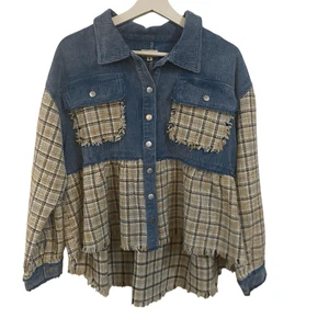 POL NEU OHNE ETIKETT Knopf kariert roher Saum hohe niedrige Taschen blau Cord STIL YKJ22 small o - Bild 1 von 5