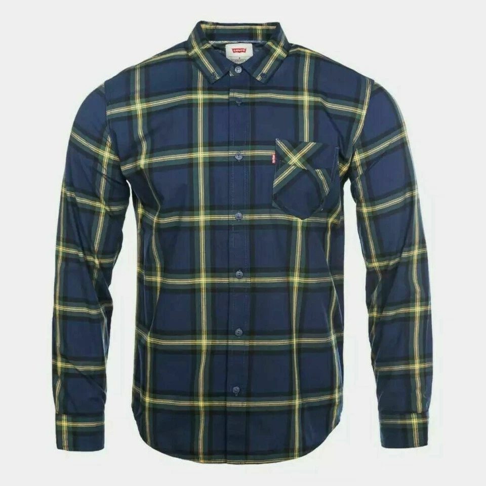 Levi's Men's Austen Long Sleeve Plaid Button Down Shirt Navy Blue L