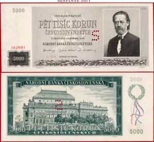 CZECHOSLOVAKIA 5.000 5000 KORUN 1 11 1945 SPECIMEN P 75 UNC free shipping - Picture 1 of 4