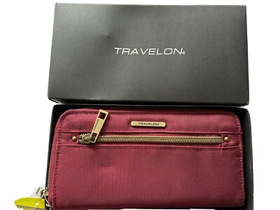Cartera sin asas Travelon para mujer granate identificación segura RFID bloqueo cierre de cremallera Foto 1 de 3